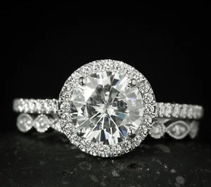 2.5ct Round Cut Moissanite Accented Halo Bridal Ring Set 14k White Gold Plated - Picture 1 of 5