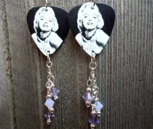 Black and White Marilyn Monroe Guitar Pick Earrings with Purple and Opal Crystal - Picture 1 of 4