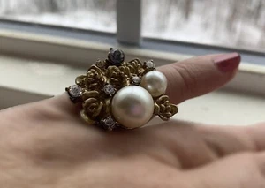 Fantasy Flower Woman Ring Fashion Golden Tint Glass Gemstones Pearl Beans Size 9 - Picture 1 of 10