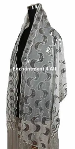 Elegant Lace Paisley Art Scarf Wrap w/ Sequin & Crochet Fringe, Off White/Silver - Picture 1 of 6