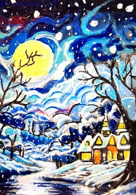 Pintura Original Miniatura ACEO Invierno Luna Mágica Nieve Montaña Palacio Foto 1 de 3