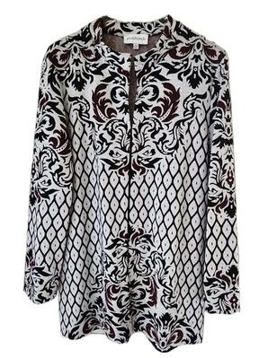 Cárdigan Damasco Largo Elegante Peck & Peck Talla L Blanco Negro Rojo Cuello Banda Foto 1 de 4