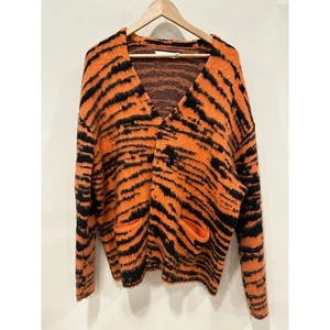 cardigan mnml, maglione maglia motivo righe tigre arancione e nero, donna taglia L - Foto 1 di 6