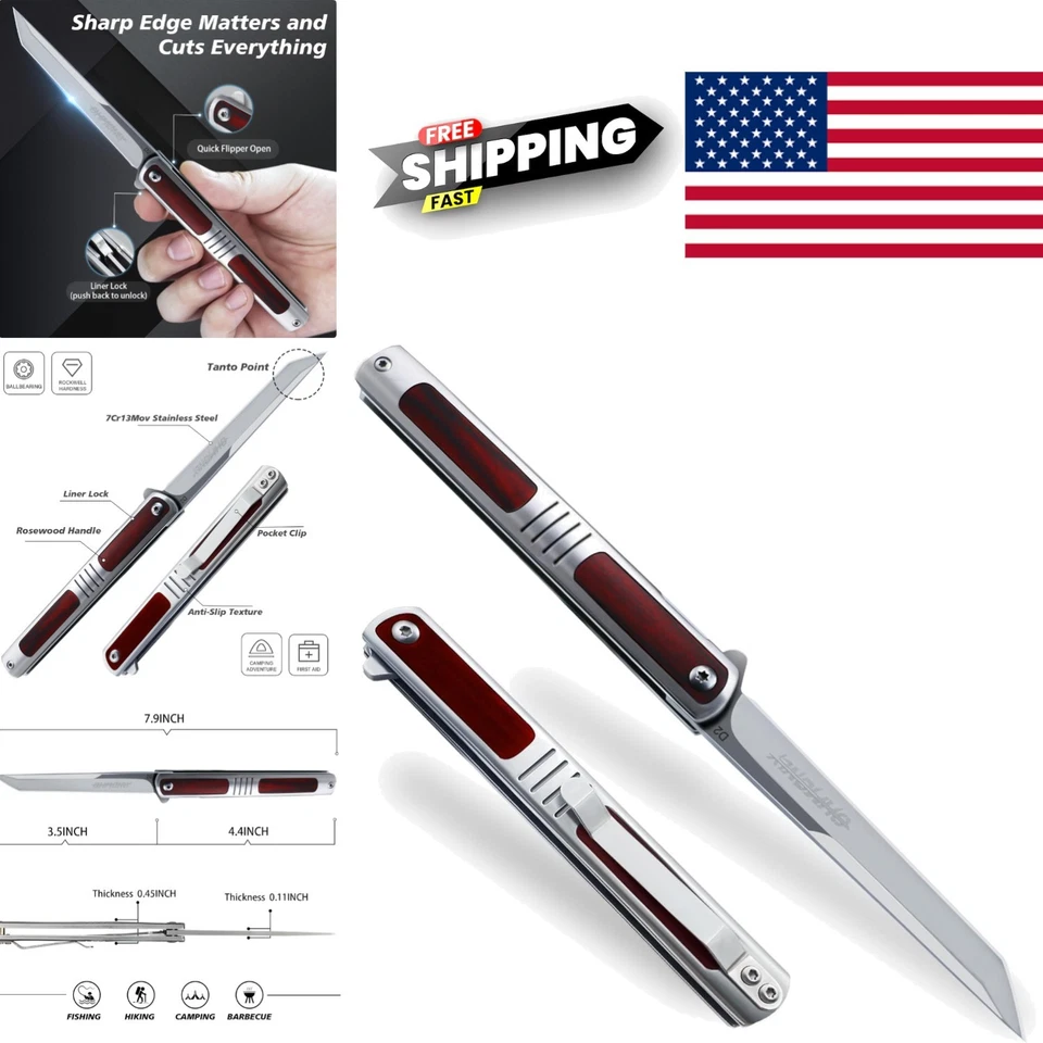 EDC Pocket Knife 3.5 Inch Folding Tanto Knife with Rosewood Handle for Outdoors - Image 1 of 4