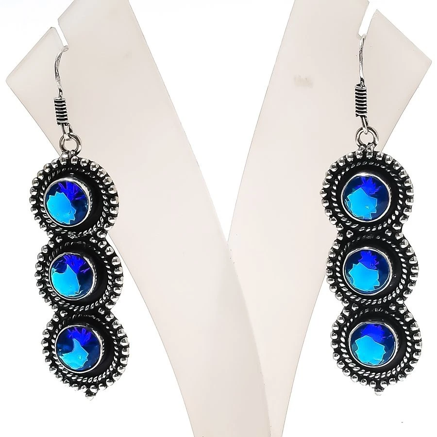 Pendiente de joyería de plata de ley 925 hecho a mano con piedras preciosas de tanzanita azul talla 2,5" Foto 1 de 1