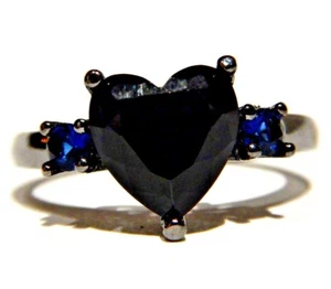 BLACK HEART RING glass crystal rhinestone shaped solitaire gothic love dark 4F - Picture 1 of 4