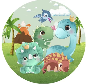 DINOSAURS DINO BABY VOLCANO JUNGLE CROWN PARTY ROUND BIRTHDAY BANNER BACKDROP - Picture 1 of 2