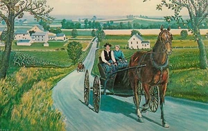 Postal Amish Courting Carriage soltero buggy artista Loewen - Imagen 1 de 2