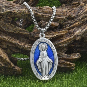 Large 1 3/4" Blue Miraculous Medal Mary Pendant Necklace Italy w 24" Box Chain - Picture 1 of 11