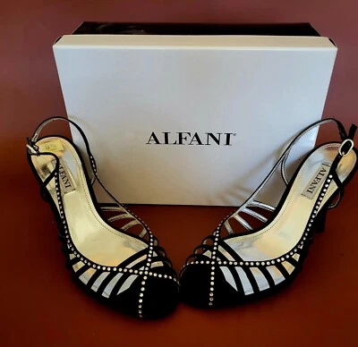 Bomba Alfanti negra con tiras con detalles de cristal, talla 6,5 M, tacón de 3", nueva en caja Foto 1 de 4
