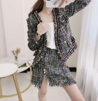 Womens Colors Knitting Wool Blend Weave Suit Dress Mini Skirts Coat Slim 2 Pcs
