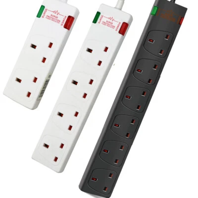 Surge Protected Extension Lead UK Power Cable Plug Trailing Socket Black White