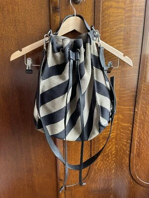 J.W. ANDERSON Drawstring Bucket Bag Black Beige Striped Canvas Leather  - Image 1 of 4