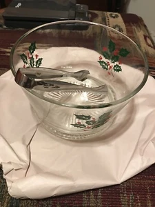Serving Bowl Ice Bucket Indiana Glass Christmas Holly & Berries Vtg W/tongs - Picture 1 of 6