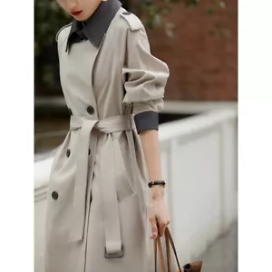 Mid Long Trench Coat Elegant Women British Casual Double Breasted Belted Outwear - Picture 1 of 17