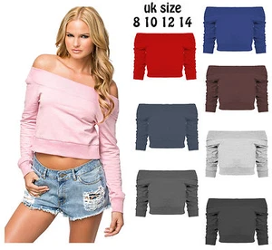New Womens Long Sleeves Off The Shoulder Crop Top Ladies Rib Cropped Sweatshirt - Picture 1 of 16