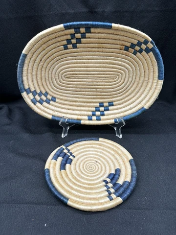 Hand Woven Boho Blue Coiled Bread Basket & Trivet Geometric Southwestern Pattern Cover
