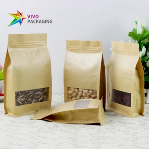 Kraft Paper Flat Bottom Box Pouch, Zip Seal Bags, Window Zipper Bags (100 pcs) - Picture 1 of 2