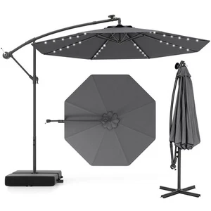 10FT Patio Hanging Offset Umbrella 32 LED Lights Sand Bag Outdoor Cross Base - Picture 1 of 10