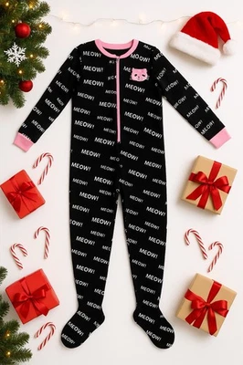 Женщин ножки пижамы комбинезон L черный розовый Cat мяу флис молнии Sleepwear Xmas - Изображение 1 из 4