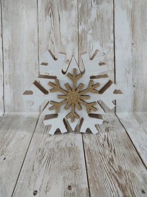 Nuevo Copo de Nieve Envejecido Dorado Brillo Navidad Invierno Vacaciones Madera 4.75" Recorte Foto 1 de 4