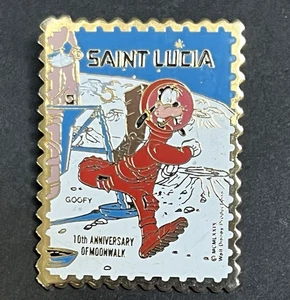 Saint Lucia Stamp Goofy on Moon Disney Pin 10th Anniversary of Moonwalk vtg rare - Picture 1 of 11