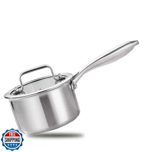 MOUTIUS 1 Quart Triple Stainless Steel Saucepan with Lid, Ramen Pot with Clea - Picture 1 of 5