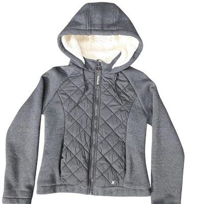 Hurley куртка женщин маленький серый выстеганный полный молнии с капюшоном шерпа с подкладкой теплый пальто - Изображение 1 из 4