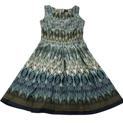 Vestido Gabby Skye Mujer 4 Verde Azul Sin Mangas Ajuste Acampanado Patrón Ikat Midi Foto 1 de 4