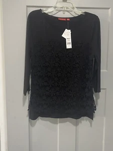 Elle brand ladies black top 3/4 sleeve’s embroidered floral front overlay NWT - Picture 1 of 8