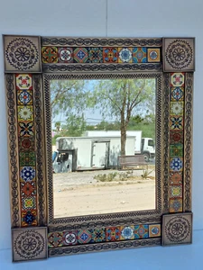 29" PUNCHED TIN MIRROR with mixed talavera tile mexican folk art wall decoration - Picture 1 of 5