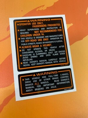 TRX350 Side Warning decals Honda TRX350D TRX 350 1986 1987 86 87 - Image 1 of 2