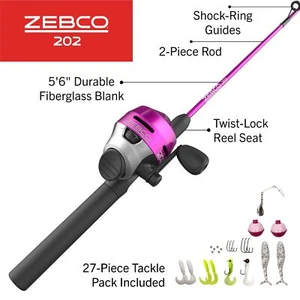 Zebco 202 Spincast Reel and Fishing Rod Combo 5-Foot 6-Inch 2-Piece Size 30 Pink - Picture 1 of 13