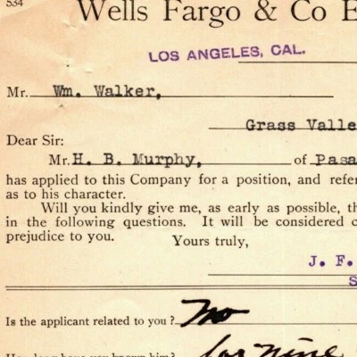 Wells Fargo Express 1913 referencia de empleo / testimonio LA / Pasadena Foto 1 de 3