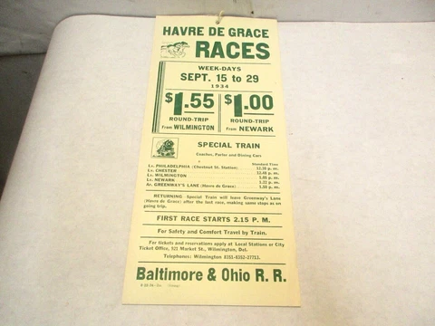 September 15, 1938 Havre De Grace Horse Races Baltimore & Ohio RR Poster NOS Cover