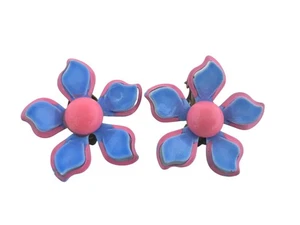 Vintage 50's or 60's Enamel Pink and Blue Flower Clip On Earrings - Picture 1 of 4