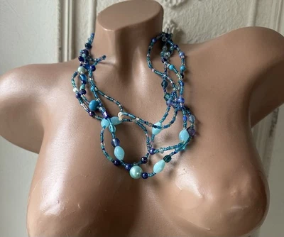 Maritime 4-Strang Damen Modeschmuck Perlen-Kette Halskette in Türkis-Blau-Tönen - Bild 1 von 4