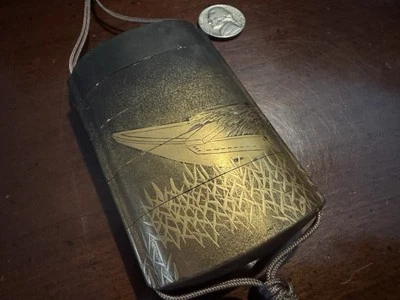 Antigua caja japonesa Edo Inro Samurai píldora medicina caña barco Maki-e Makie Busho Foto 1 de 4