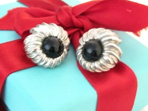 Tiffany & Co Silver Onyx Flower Clip On Earrings - Picture 1 of 8