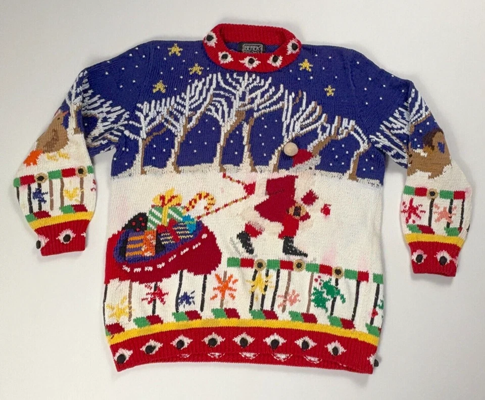 VTG Berek Womens Hand Knit Sweater Size L 3D Christmas Santa Pima Cotton - Image 1 of 4