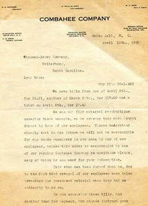  1920 COMBAHEE CO WHITE HALL SC COLUMBIA SC membrete - Imagen 1 de 1