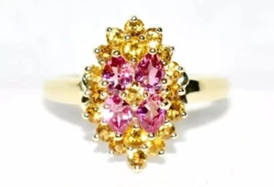 Pink Tourmaline & Golden Citrine Yellow Gold Cluster Ring Size N/O US 7 - Picture 1 of 13