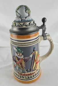 Vintage Keramik Bierkrug -Zinndeckel mit Weltkugel -Columbus -Santa Maria Schiff - Bild 1 von 6