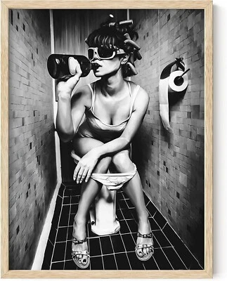 Bold Retro Bathroom Poster - Glam Girl on Toilet with Drink - B&W Wall Art - Image 1 of 3