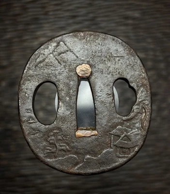 Hierro Sansui-zu motivo Tsuba para accesorios Koshirae, Edo antiguo, #414 Foto 1 de 4