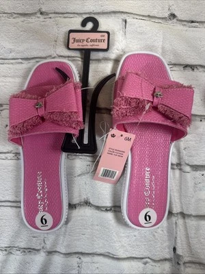 Juicy Couture Yup-Wow Slide Sandal Women’s Size 6M  Pink Bow Raw Fringe Shoe - Image 1 of 4