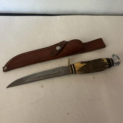 VTG OLSEN German 5” Fixed Blade KNIFE W/ LEATHER SHEATH ANTLER STAG HANDLE HTF - Image 1 of 4