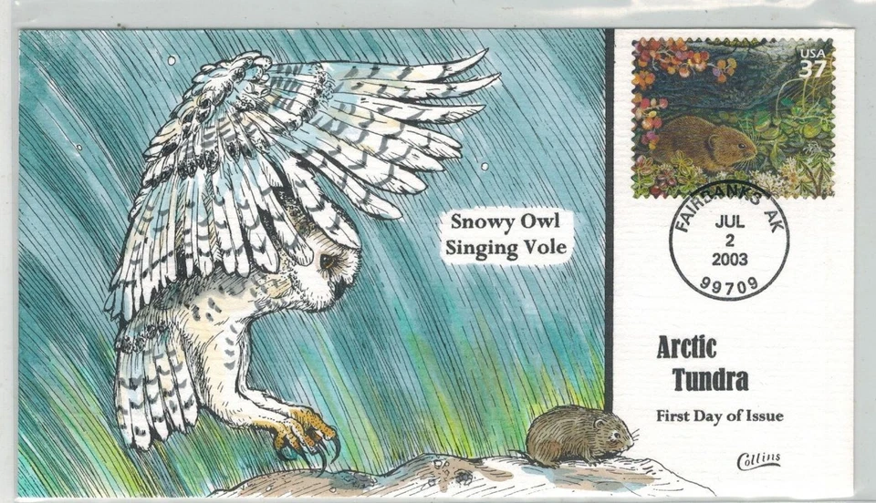 2003 COLLINS HANDPAINTED ALASKA ARCTIC TUNDRA ANIMALS SNOWY OWL & SINGING VOLE - Image 1 of 1