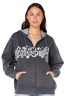 Roxy Lineup Oversized Zip Hoody - Phantom 90's Hibiscus Band - New - Image 1 of 3