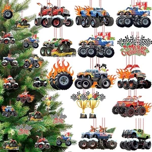 Christmas Monster Truck Hanging Ornaments - Xmas Truck Wood Ornaments Set - T... - Picture 1 of 7